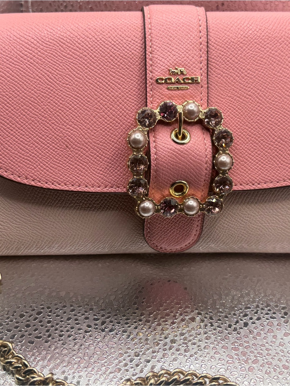 Coach Pink and Beige Leather Crossbody Bag with Jeweled Buckle
